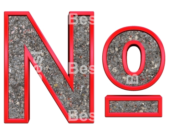 Number mark from corroded steel with red frame alphabet set, isolated on white.