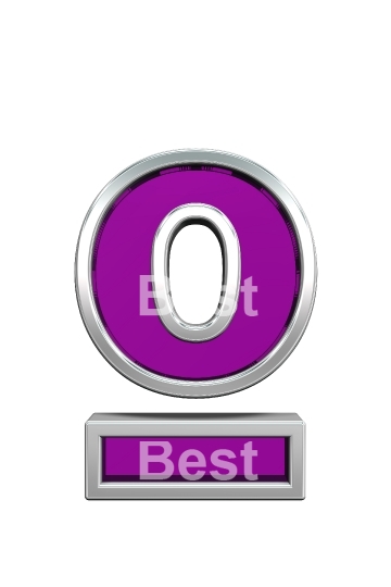 Number mark from purple glass with chrome frame alphabet set, isolated on white. 