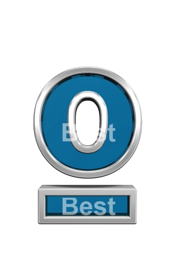 Number mark sign from blue glass with chrome frame alphabet set, isolated on white. 