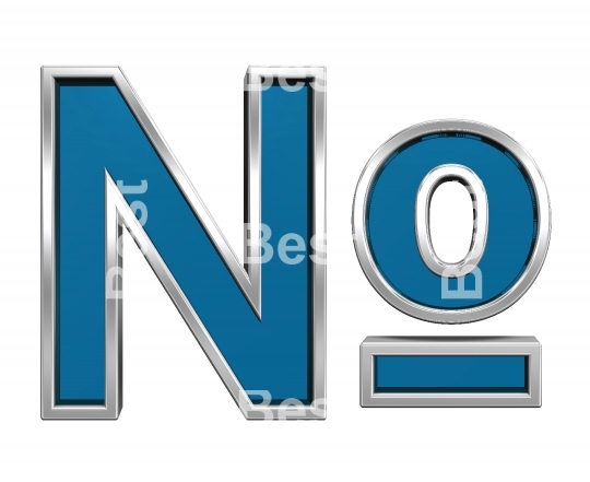 Number mark sign from blue glass with chrome frame alphabet set, isolated on white. 