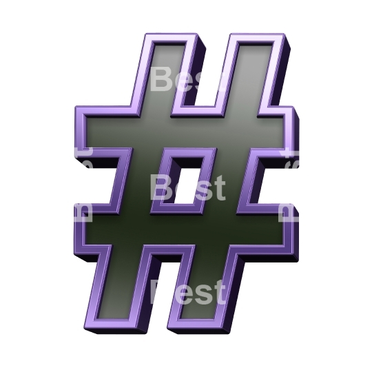 Number sign from black glass with purple frame alphabet set, isolated on white.