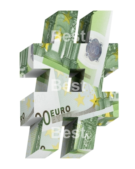 Number sign from euro bill alphabet set isolated over white.