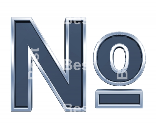 Number sign from grey glass with chrome frame alphabet set, isolated on white. 