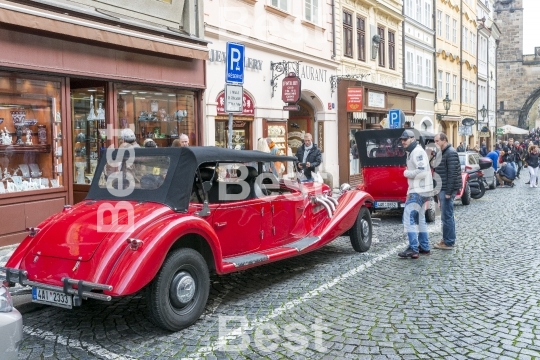 Old historic red car in Praga