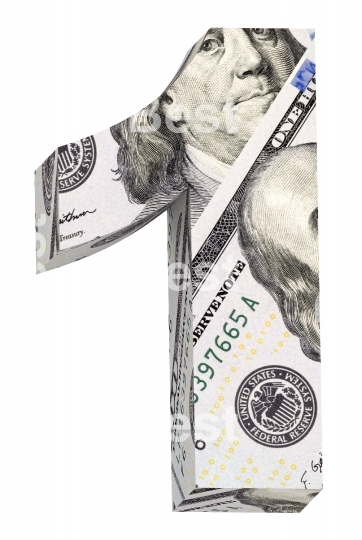 One digit from alphabet hundred dollar bill isolated over white.