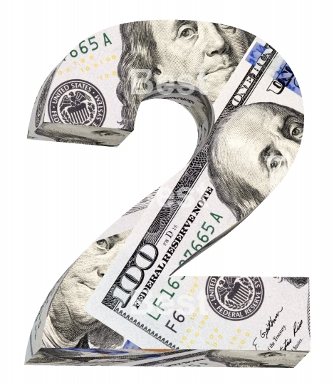 One digit from alphabet hundred dollar bill isolated over white.