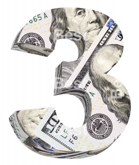 One digit from alphabet hundred dollar bill isolated over white.