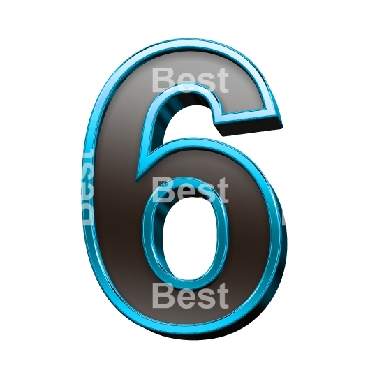 One digit from black glass with blue frame alphabet set, isolated on white.
