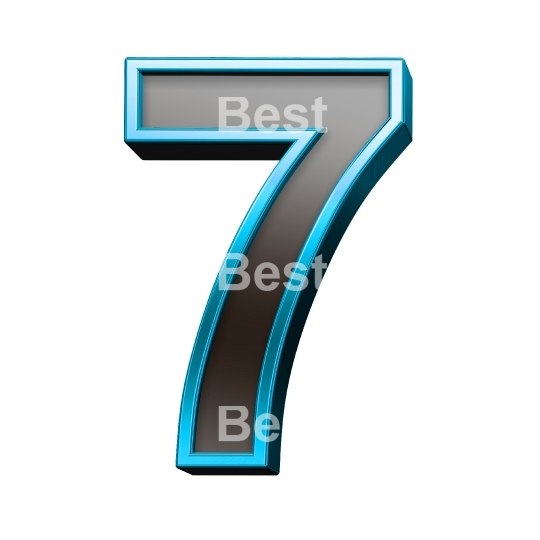 One digit from black glass with blue frame alphabet set, isolated on white.