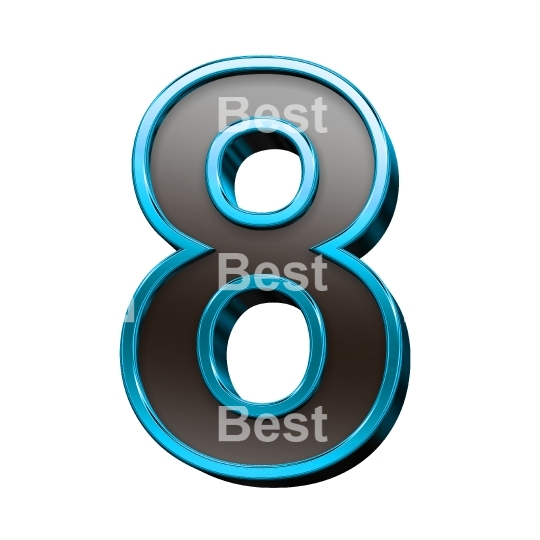 One digit from black glass with blue frame alphabet set, isolated on white.
