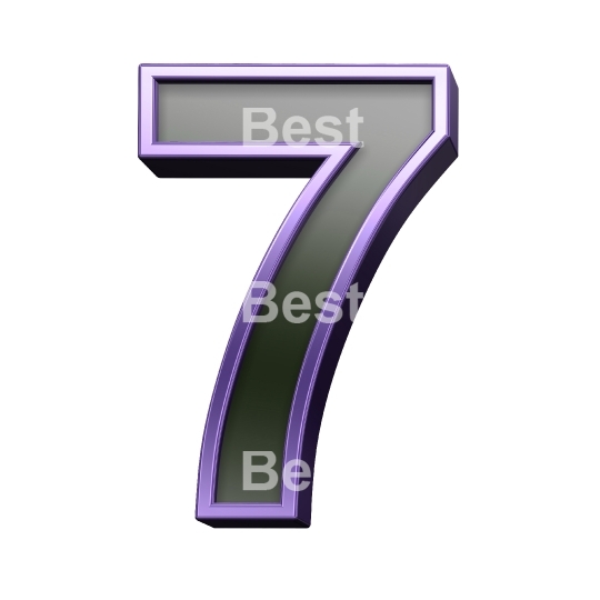 One digit from black glass with purple frame alphabet set, isolated on white.