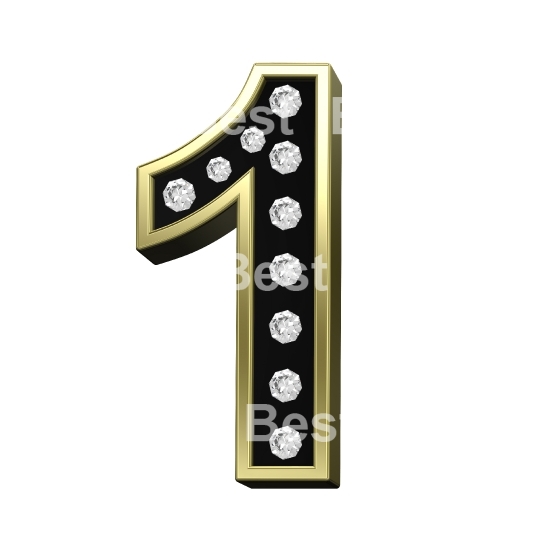 One digit from black with gold frame and diamonds alphabet set isolated on white.