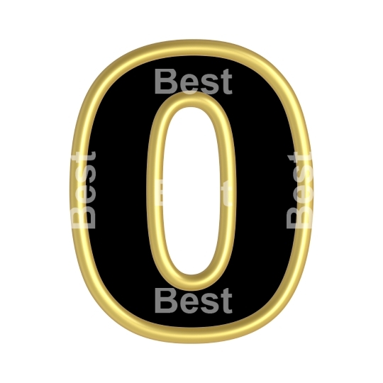 One digit from black with gold shiny frame alphabet set, isolated on white