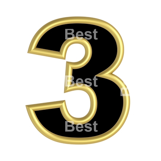 One digit from black with gold shiny frame alphabet set, isolated on white