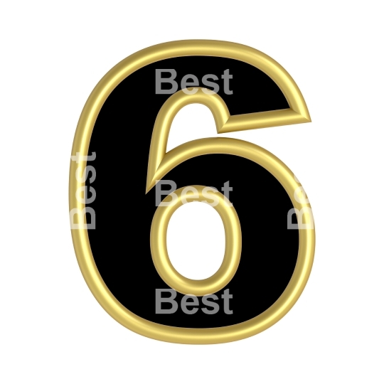 One digit from black with gold shiny frame alphabet set, isolated on white