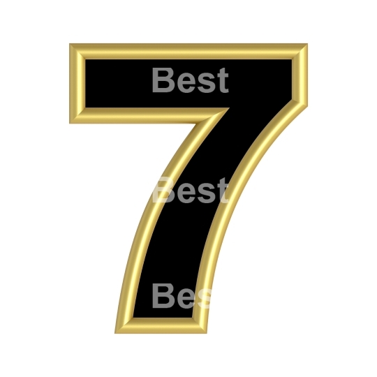 One digit from black with gold shiny frame alphabet set, isolated on white