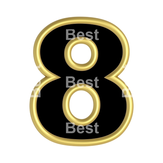 One digit from black with gold shiny frame alphabet set, isolated on white