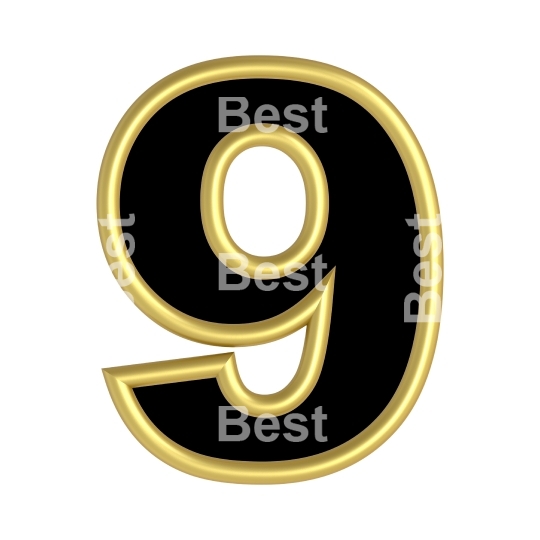 One digit from black with gold shiny frame alphabet set, isolated on white