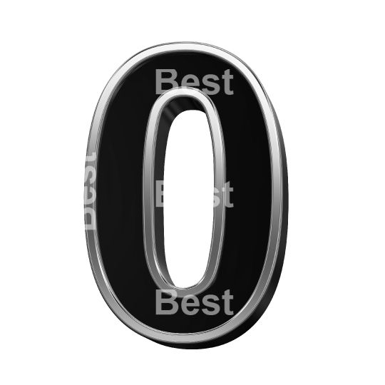 One digit from black with shiny silver frame alphabet set, isolated on white. 