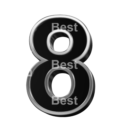 One digit from black with shiny silver frame alphabet set, isolated on white. 