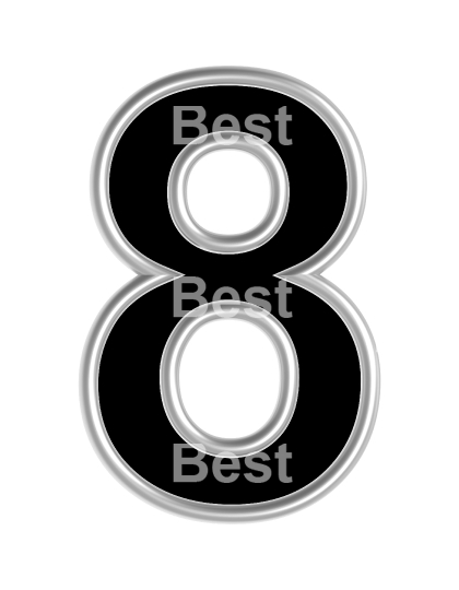 One digit from black with silver shiny frame alphabet set, isolated on white