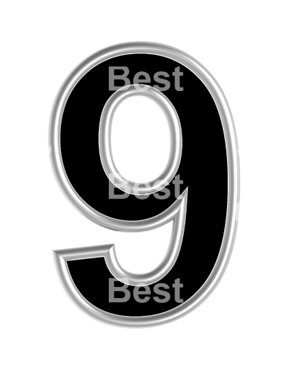 One digit from black with silver shiny frame alphabet set, isolated on white