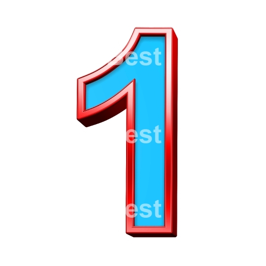 One digit from blue glass with red frame alphabet set, isolated on white. 