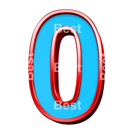 One digit from blue glass with red frame alphabet set, isolated on white. 