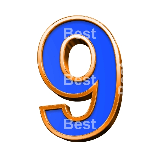 One digit from blue with orange frame alphabet set, isolated on white. 