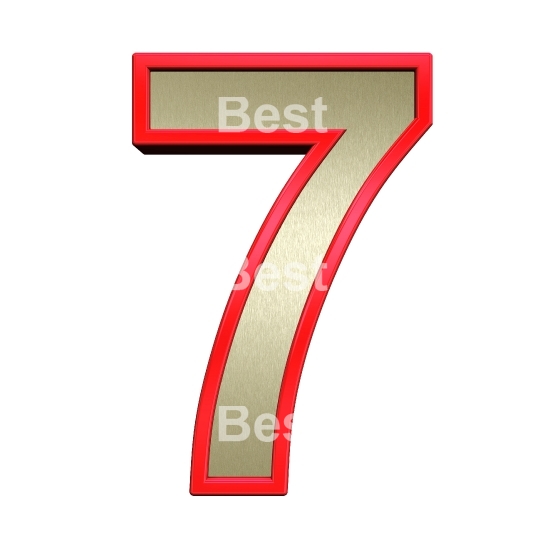 One digit from brushed gold with red frame alphabet set, isolated on white.