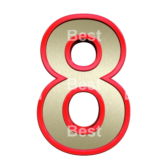 One digit from brushed gold with red frame alphabet set, isolated on white.