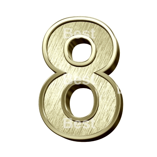 One digit from brushed gold with shiny frame alphabet set, isolated on white