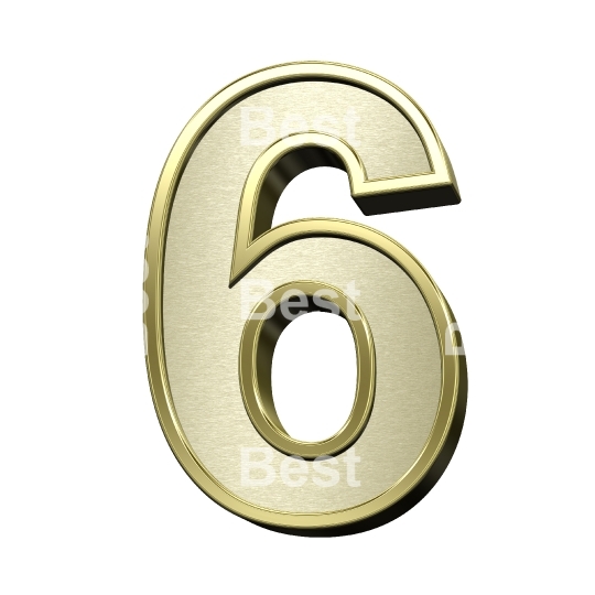 One digit from brushed gold with shiny frame alphabet set, isolated on white.