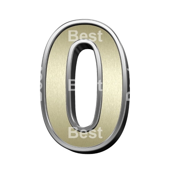 One digit from brushed gold with shiny silver frame alphabet set, isolated on white.