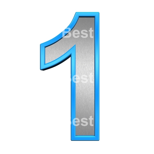 One digit from brushed silver with blue frame alphabet set, isolated on white. 