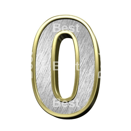 One digit from brushed silver with gold frame alphabet set, isolated on white