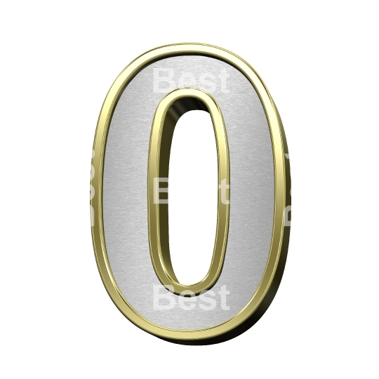 One digit from brushed silver with shiny gold frame alphabet set, isolated on white.