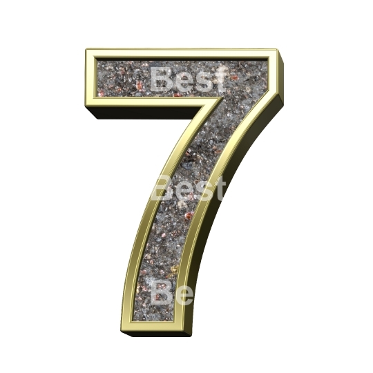 One digit from corroded steel with gold frame alphabet set, isolated on white.