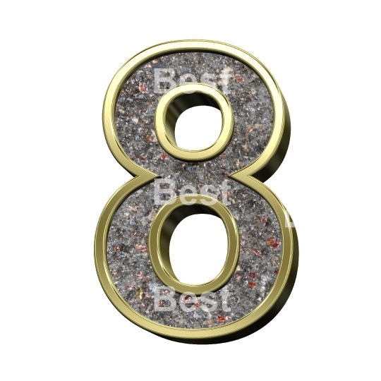 One digit from corroded steel with gold frame alphabet set, isolated on white.