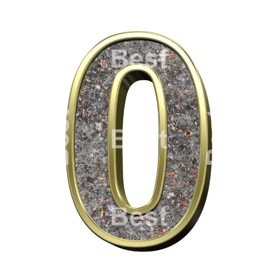 One digit from corroded steel with gold frame alphabet set, isolated on white.