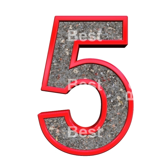 One digit from corroded steel with red frame alphabet set, isolated on white.