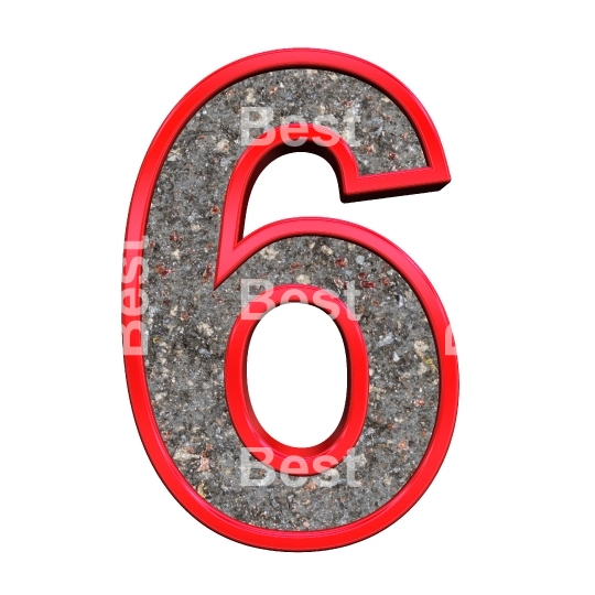 One digit from corroded steel with red frame alphabet set, isolated on white.