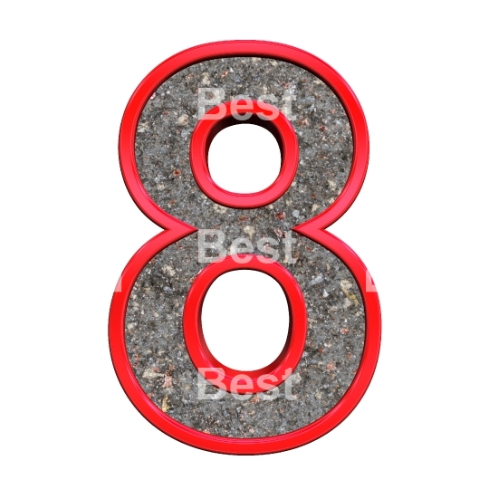 One digit from corroded steel with red frame alphabet set, isolated on white.