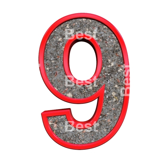 One digit from corroded steel with red frame alphabet set, isolated on white.