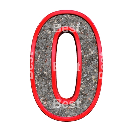 One digit from corroded steel with red frame alphabet set, isolated on white.