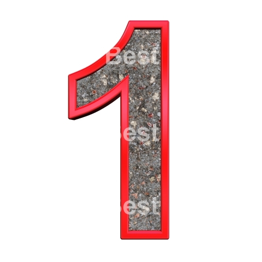 One digit from corroded steel with red frame alphabet set, isolated on white.