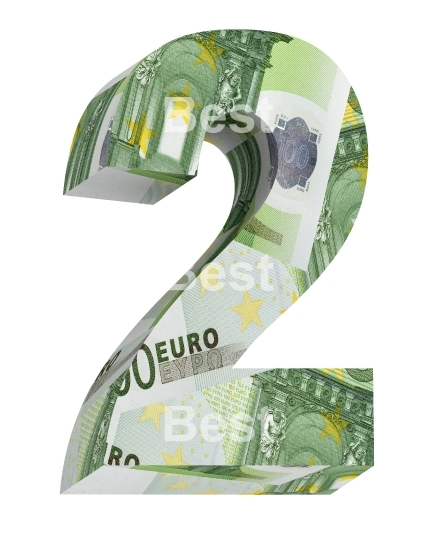 One digit from euro bill alphabet set isolated over white.