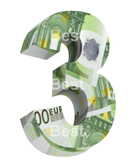 One digit from euro bill alphabet set isolated over white.