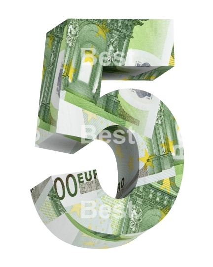 One digit from euro bill alphabet set isolated over white.