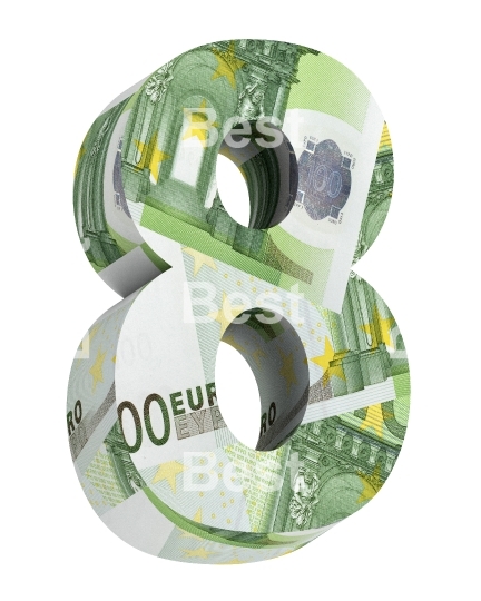 One digit from euro bill alphabet set isolated over white.